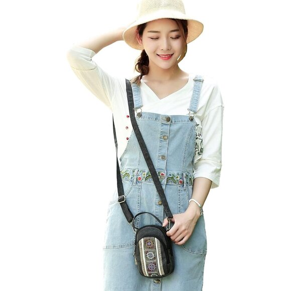 Women's S3 Black Vintage Embroidered Cute Mini Cross Body Bag Small Handbag - Picture 6 of 6